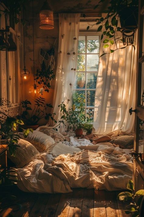 an unmade bed in a room with plants on the window sill and curtains