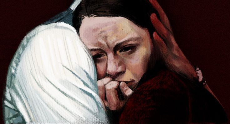 a painting of a woman with her hands on her face as if she were hugging someone