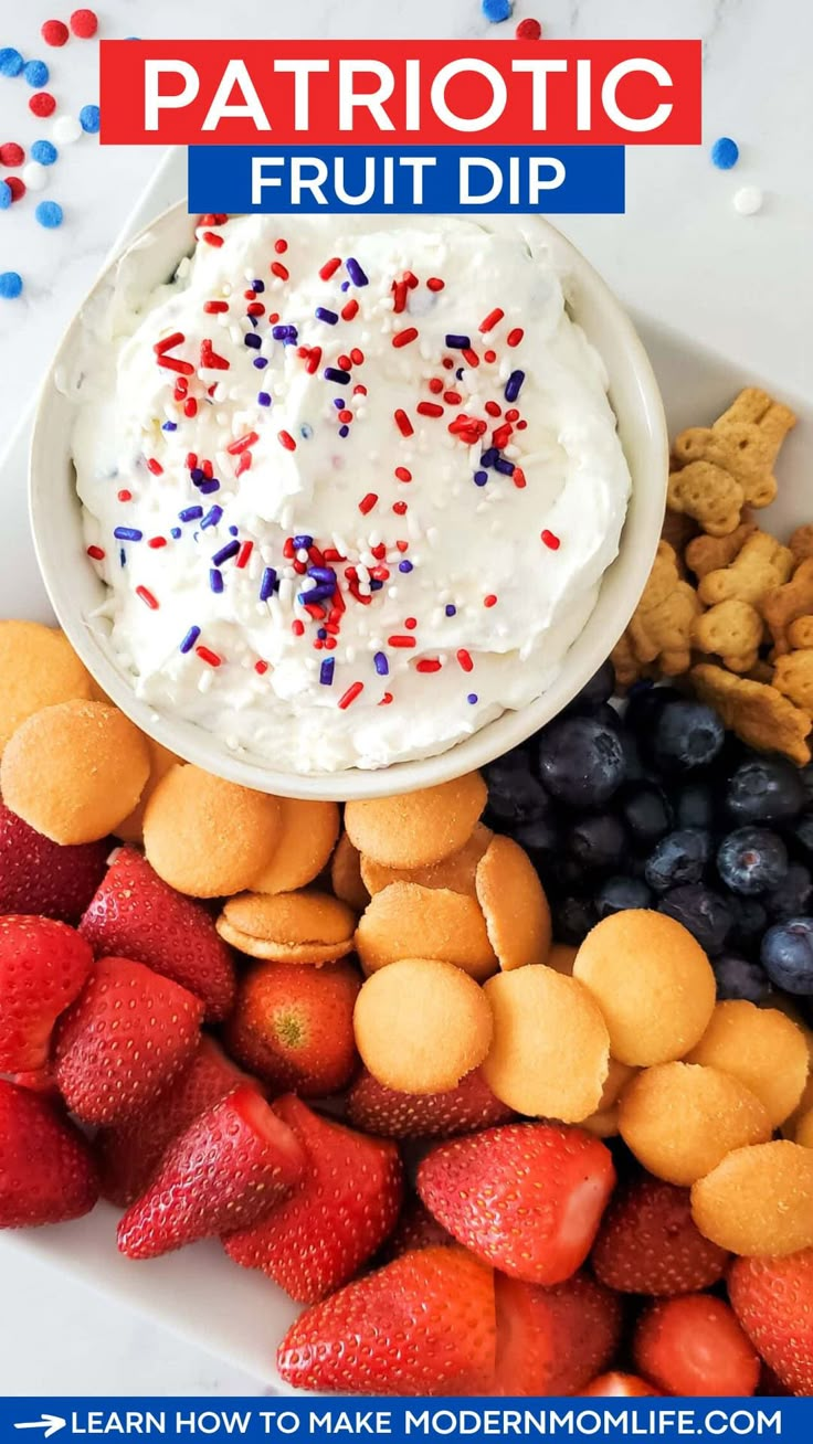 patriotic fruit dip with strawberries and blueberries on the side in a white bowl