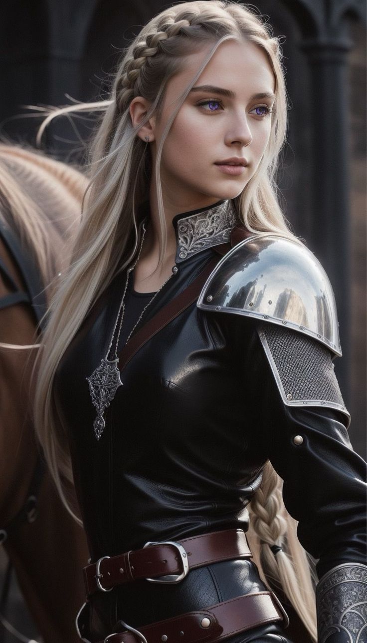 a woman dressed in black and silver is standing next to a horse with long blonde hair