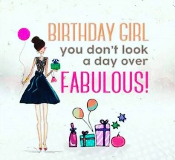 a birthday card with a woman holding a gift box and balloons in the background that says,'birthday girl you don't look a day over fabulous