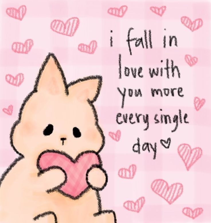 a drawing of a cat holding a heart in its paws with the words i fall in love with you more every single day