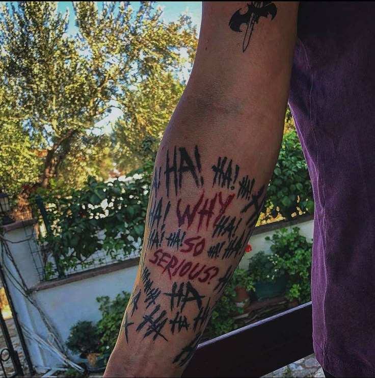 WHY SO SERİOUS?? Joker Related Tattoos, Joker Hahahaha Tattoo, Ha Ha Ha Joker Tattoo Design, Ha Ha Tattoo Joker, Ha Ha Ha Tattoo Joker, Hahahaha Tattoo Joker, Joker Arm Sleeve Tattoos, Cool Joker Tattoos, Tattoo Designs Joker