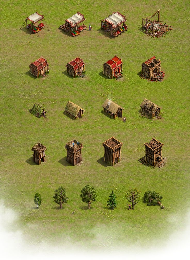 an aerial view of several farm buildings in the middle of a green field with trees