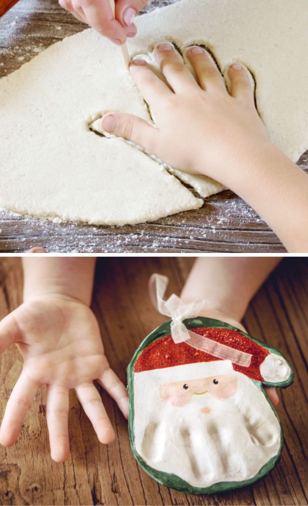 two pictures with hands and santa clause on them, one is kneading the dough