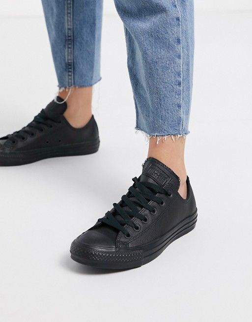 Converse Chuck Taylor All Star Ox black leather monochrome trainers | ASOS How To Lace Converse, Converse Women, Leather Converse, Star Converse, Floral Sneakers, New Converse, Converse Sneakers, White Trainers, Puma Platform Sneakers