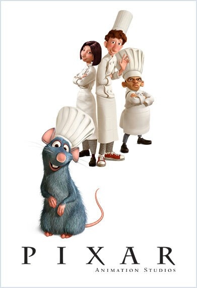 the poster for pixar animation studios shows three chefs and a rat in chef's hats