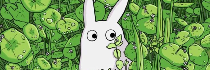 a white rabbit standing in the middle of green plants with eyes wide open and one ear sticking out