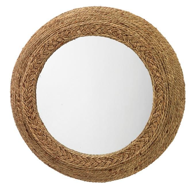 a round mirror made out of rope on a white background with the reflection in it