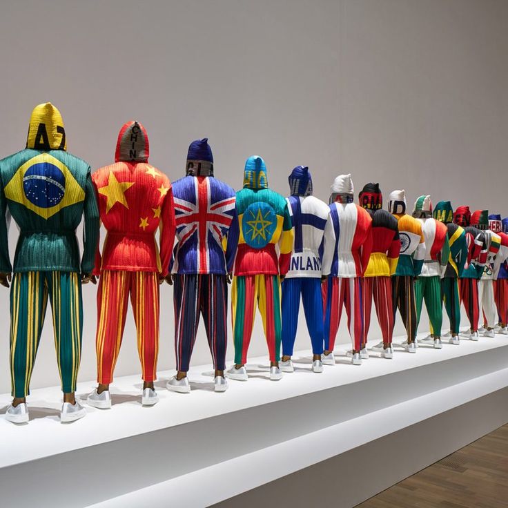 a group of mannequins are lined up on a white surface with flags painted all over them