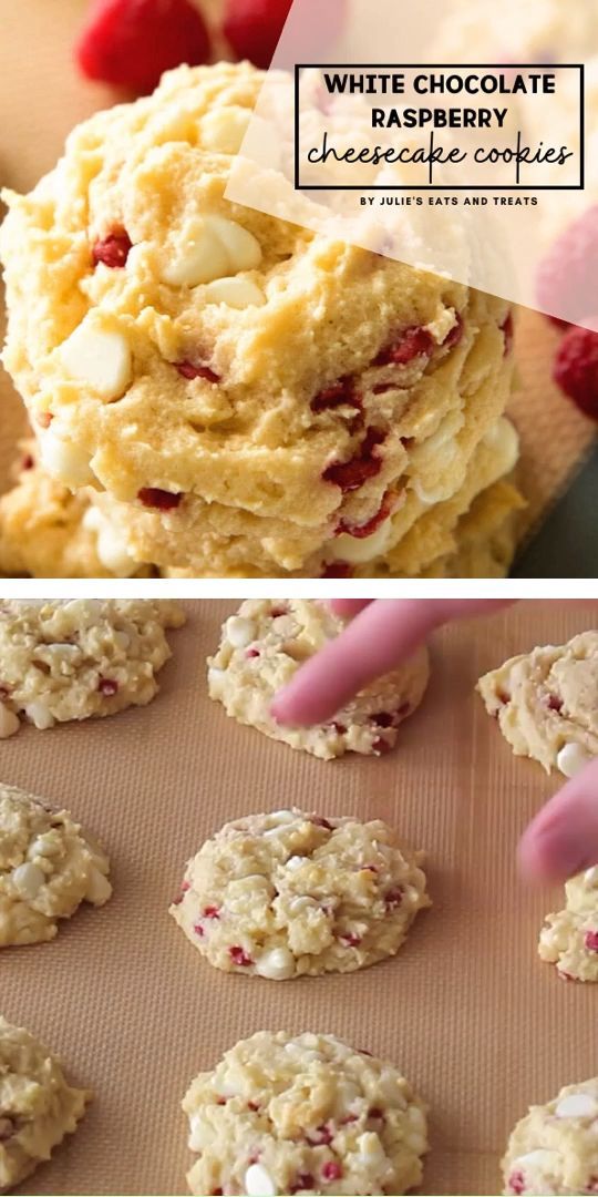 white chocolate raspberry cookies on a cookie sheet and in the process of being baked