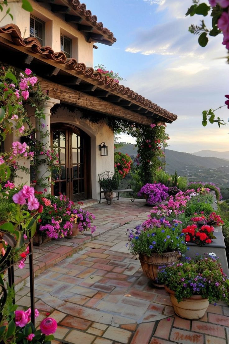 an outdoor patio with potted plants and flowers