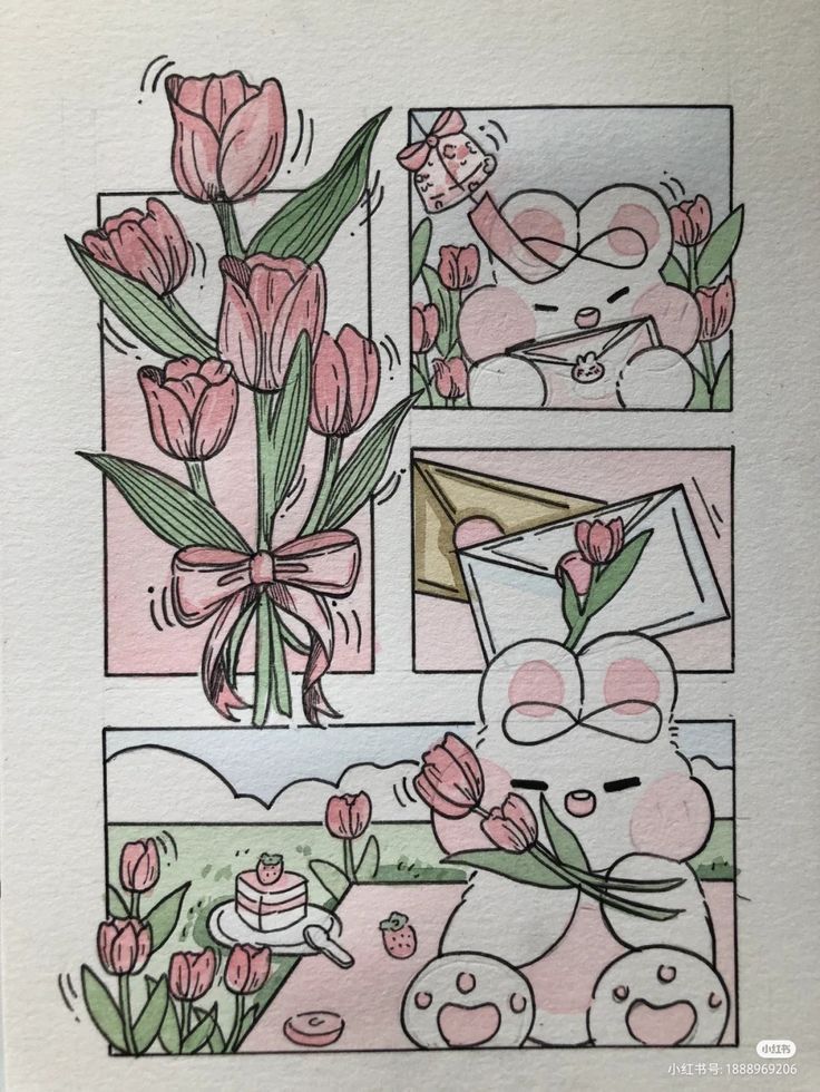 a drawing of pink flowers and a teddy bear