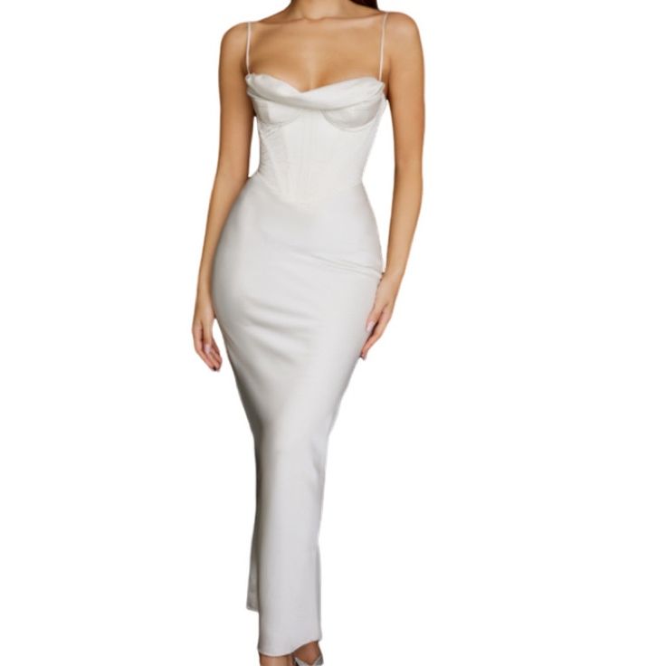 House Of Cb Ivory Charmaine Corset Satin Maxi Dress. Size Small With Plus Cup. New With Tags. Satin Draped Cowl Neckline Corset Boning Softly Lined Half Plus Cups That Are Underwired For Full Support And Uplift Delicate Shoulder Straps That Adjust For The Perfect Fit Maxi Hem Fully Lined Back Zip Length: Approx 152cm Gentle Dry Clean Only Fitted Slip Dress With Sweetheart Neckline For Dinner, White Satin Midi Evening Dress, White Satin Midi Dress For Evening, White Fitted Bodice Slip Dress, Midi Length, White Fitted Bodice Midi Slip Dress, White Slip Dress With Fitted Bodice, Midi Length, White Midi-length Slip Dress With Fitted Bodice, White Satin Midi Dress For Formal Occasions, White Satin Formal Midi Dress