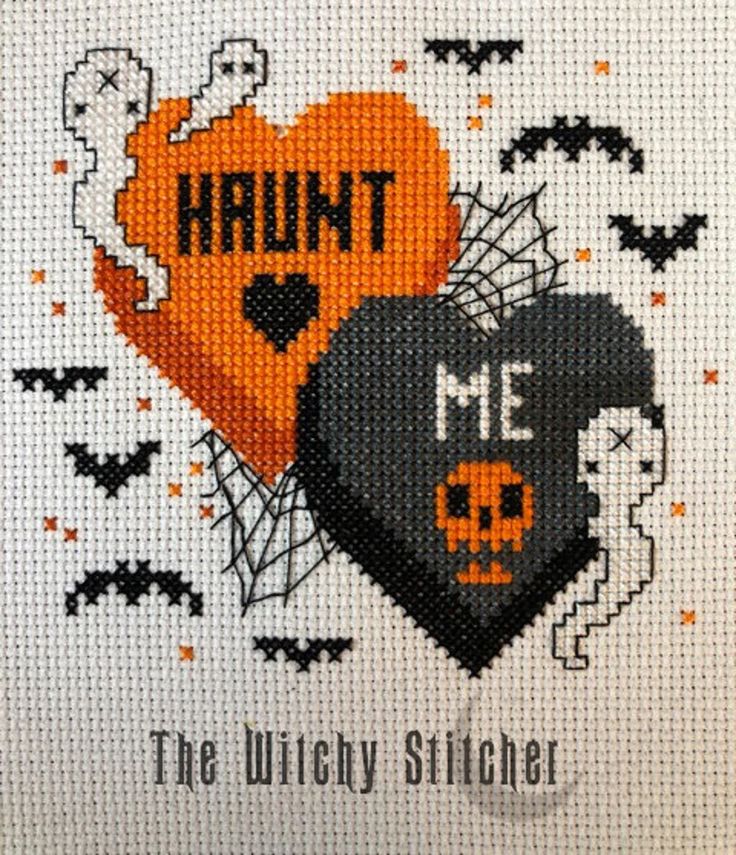 a cross stitch pattern with two hearts and the words haunt me