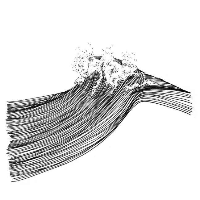 an ink drawing of a wave in black and white