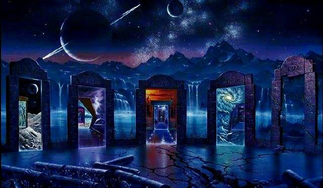 an image of a surreal scene with doors and stars in the sky above them that are open