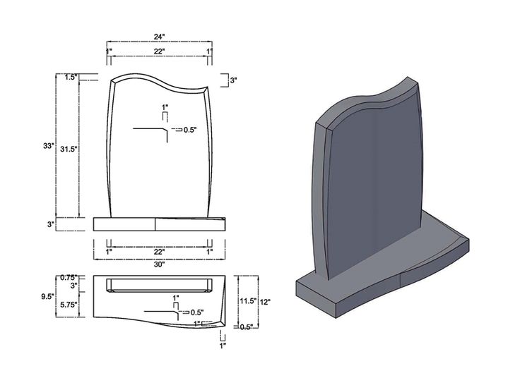 an image of a gravestone with measurements for the top and bottom part, as well as