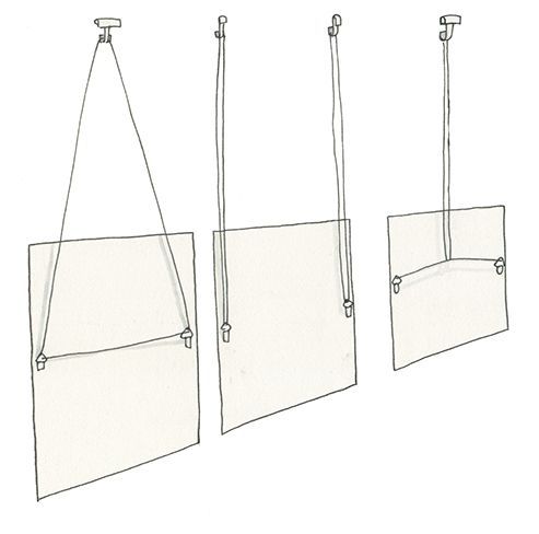 three drawings of hanging items on the wall, each with an object attached to it