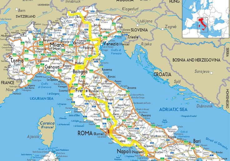 a large map of italy with roads and major cities