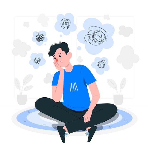 a man sitting on the floor with his head in his hands and thought bubbles above him