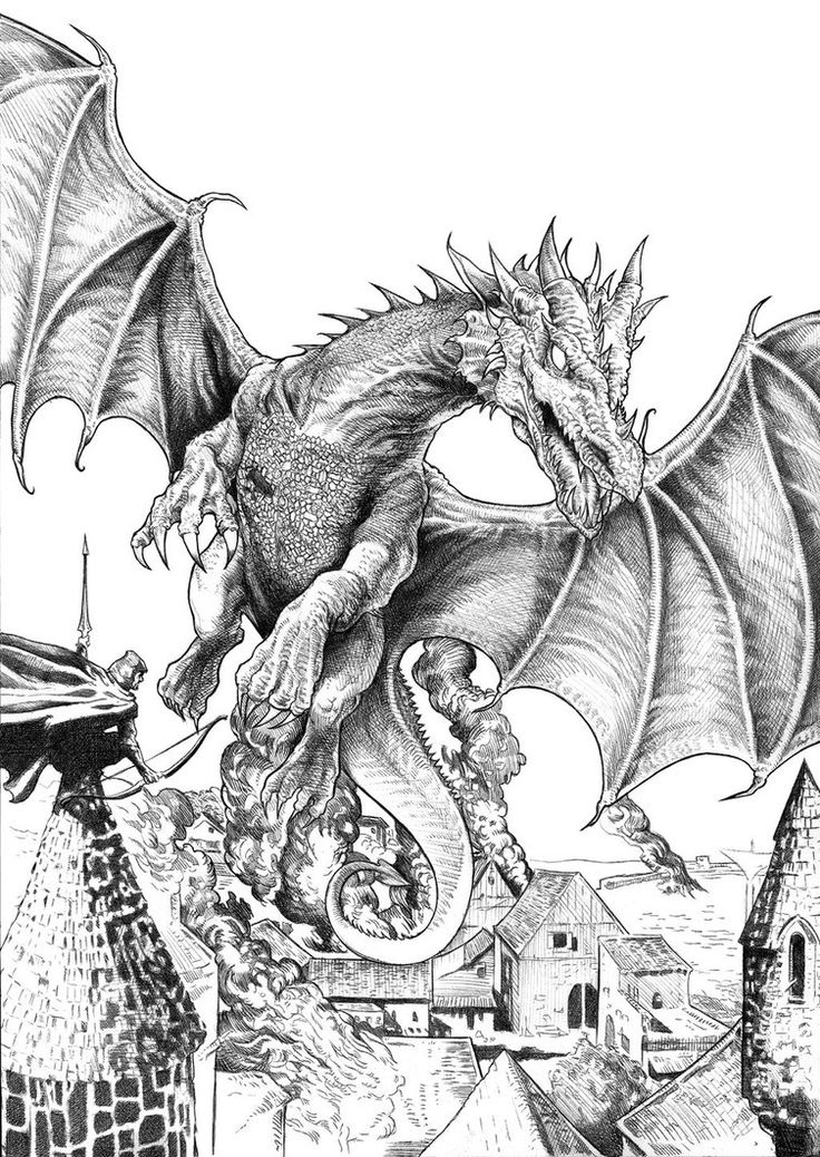 a black and white drawing of a dragon flying over a city with buildings in the background