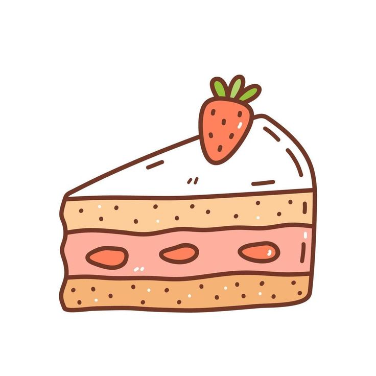 a piece of cake with a strawberry on top is shown in this hand drawn illustration