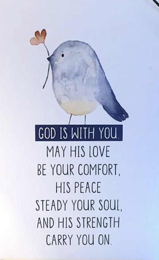 a card with an image of a bird and the words god is with you, may his love be your comfort, his peace, steady your soul, and his strength, and his strength carry you on