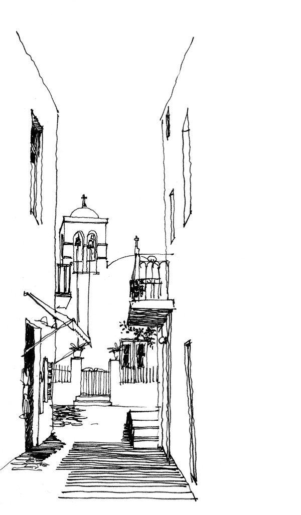 a black and white drawing of an alleyway with steps leading up to the building