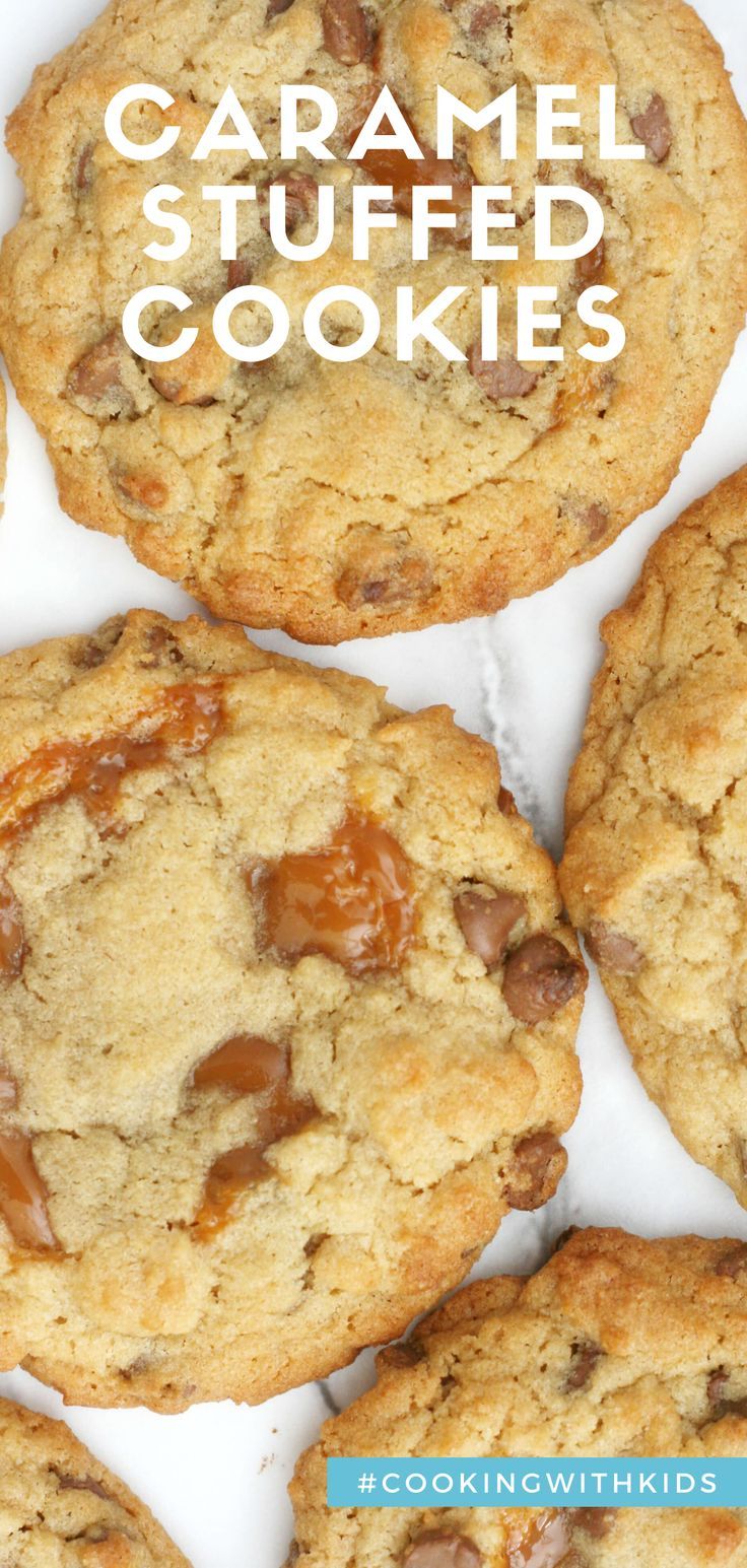 cookies with caramel on top and the title overlay reads, cooking with kids