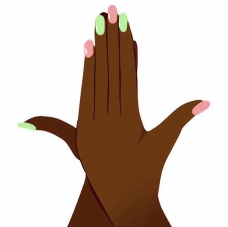 two hands with green and pink manicures on their palms, one holding the other's hand