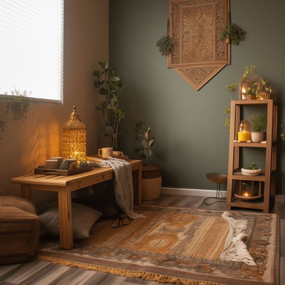 a living room filled with furniture and decor on top of a wooden floor next to a window