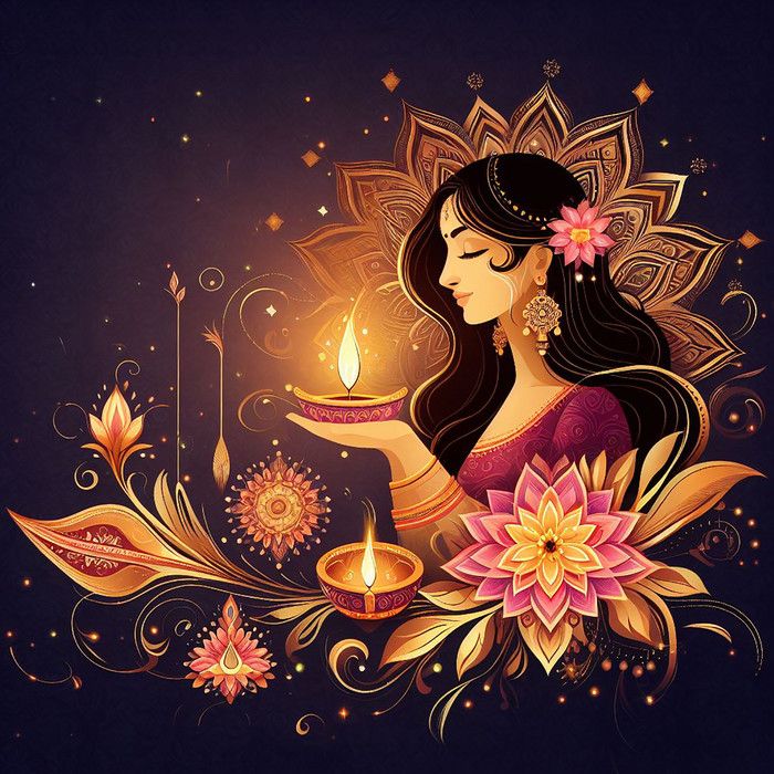 a beautiful woman holding a lit candle in her hand with flowers and leaves around it