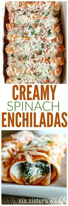 creamy spinach enchiladas in a white casserole dish with text overlay