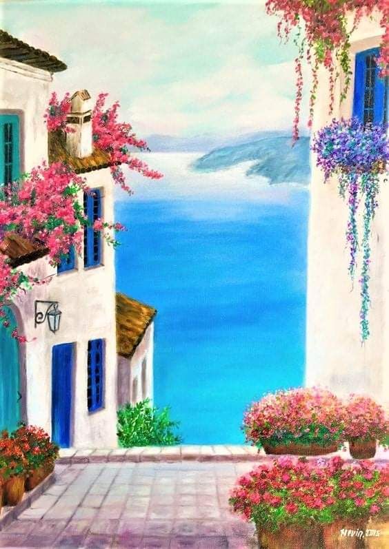 an oil painting of a house with flowers on the balcony and ocean in the background