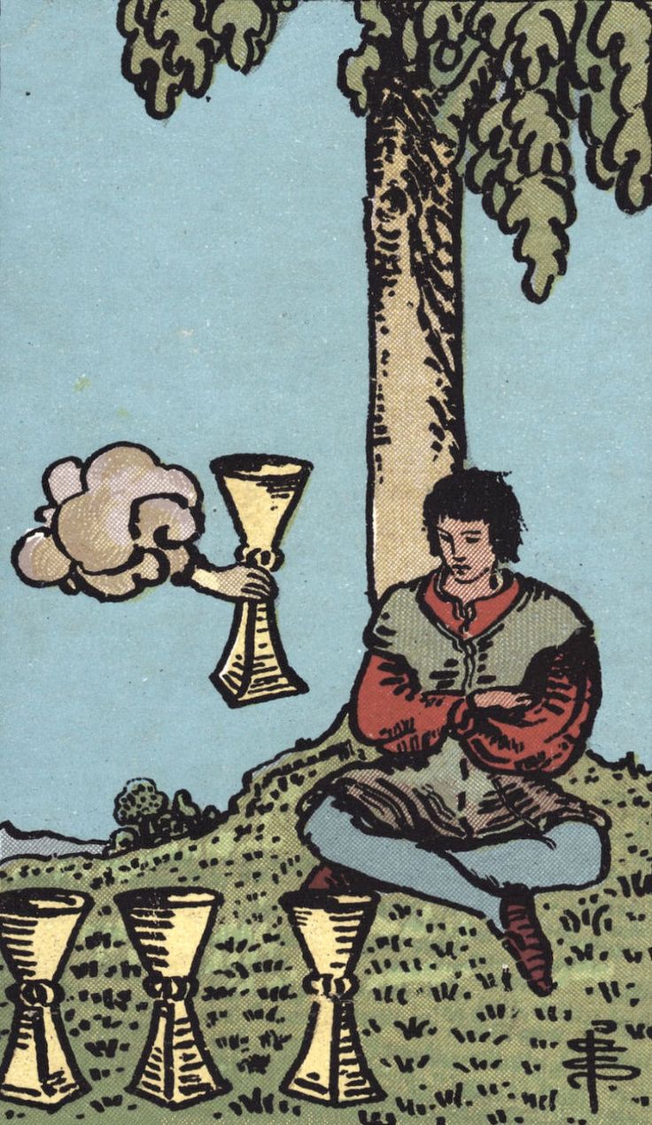 a tarot card with an image of a man sitting under a tree holding a cup