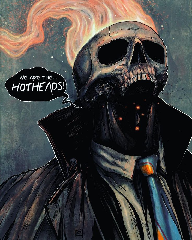 a skeleton wearing a suit and tie with a speech bubble saying we are the hot heads