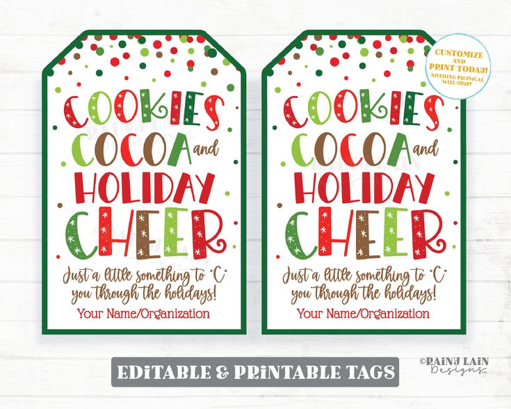 two christmas tags with the words cookies and cocoa and holiday cheer