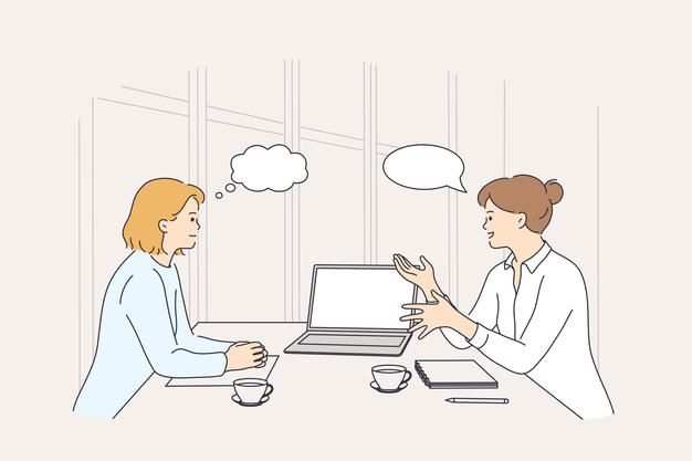 two people sitting at a table talking to each other with speech bubbles above their heads