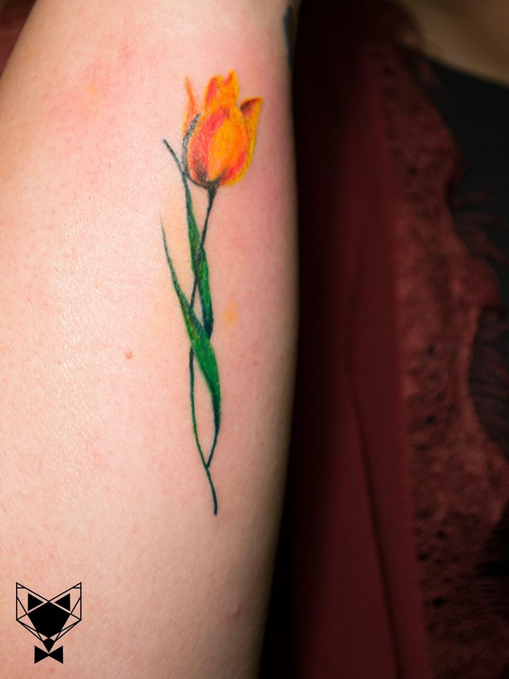 a yellow flower with green stems on the left side of the arm and behind it is an orange tulip