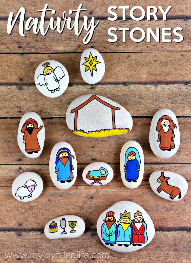 rocks with nativity story stones on them