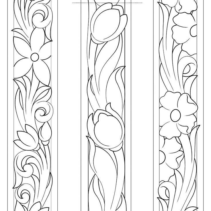 three different types of stained glass with flowers and leaves on the sides, all in black and white