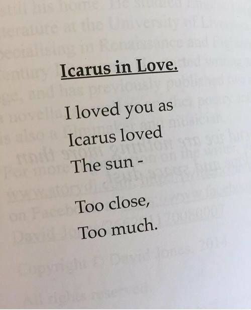 an open book with the words i love you as icarus loved the sun too close, too much