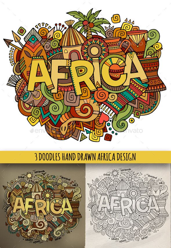 the word africa surrounded by doodles and other things in color on a white background