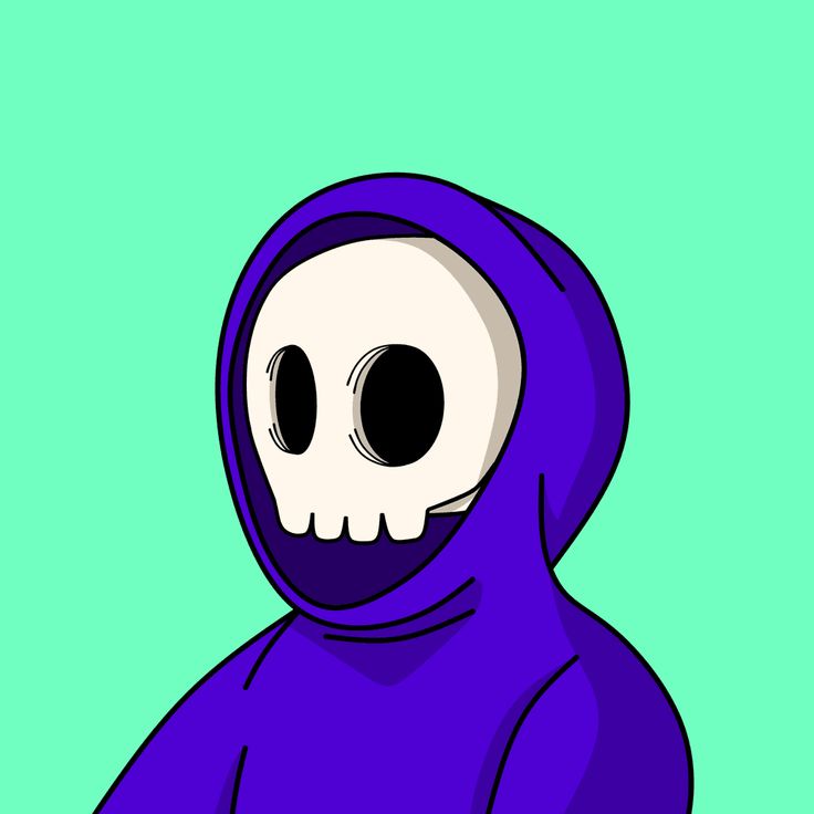 a cartoon skeleton wearing a purple hoodie with two black eyes and one white nose