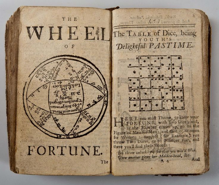 an old book with some writing on the pages and a drawing of a wheel of fortune