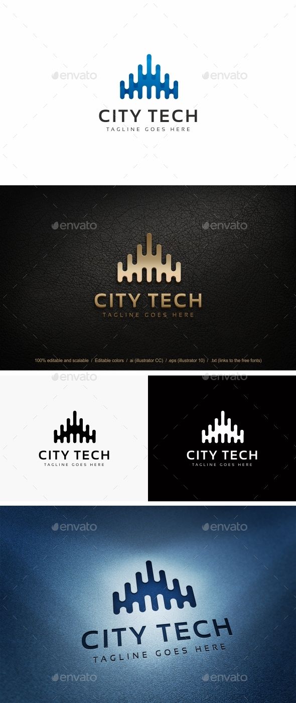 the city tech logo is shown in three different colors and sizes, including blue, black,