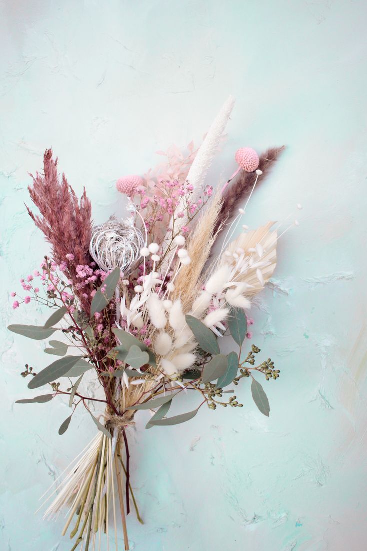 an arrangement of feathers and flowers on a blue background