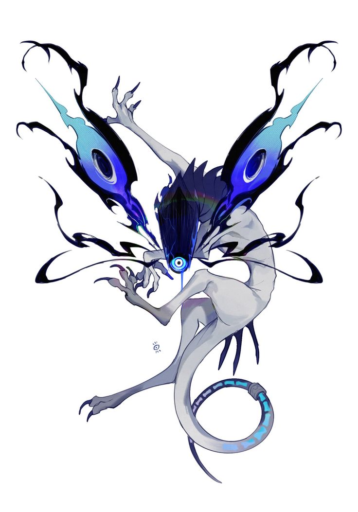 a drawing of a dragon with blue eyes and black wings on it's body