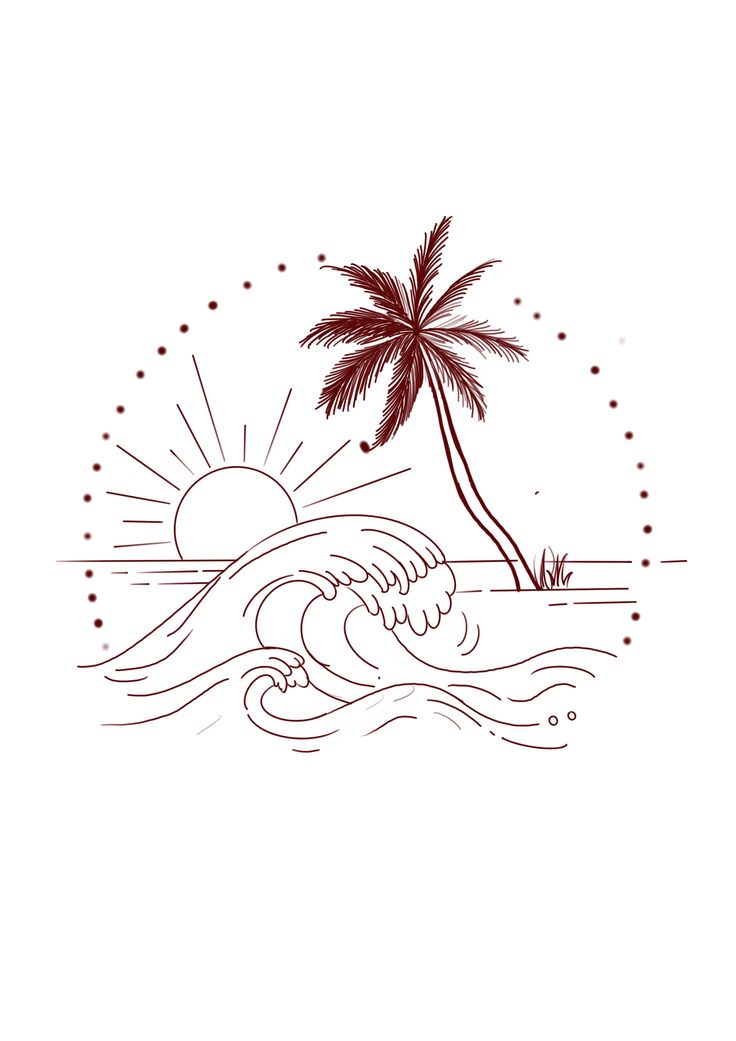 a drawing of a palm tree on the beach with waves and sun in the background